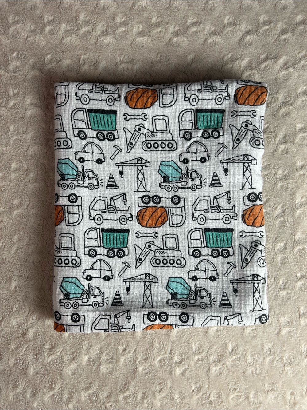 Baby Muslin Co Construction Equipment Swaddle Blanket Trucks Orange Black Blue